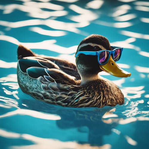 A hyperrealistic image of a duck with sunglasses, relaxing on a floatie in a sparkling blue swimming pool.