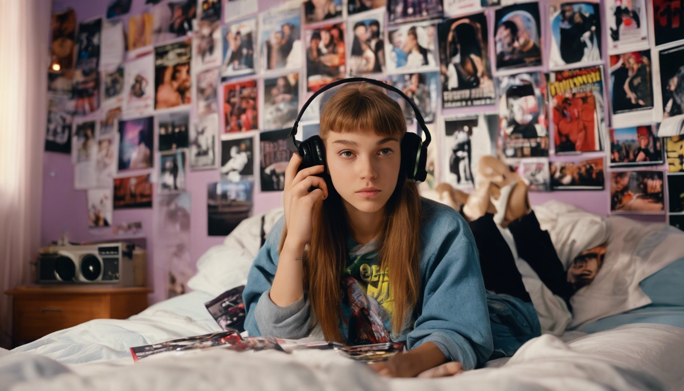 A 90s teenager in her bedroom, surrounded by boy band posters and listening to music on a CD player. Шпалери[13db277defdd4b278538]