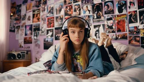 A 90s teenager in her bedroom, surrounded by boy band posters and listening to music on a CD player.
