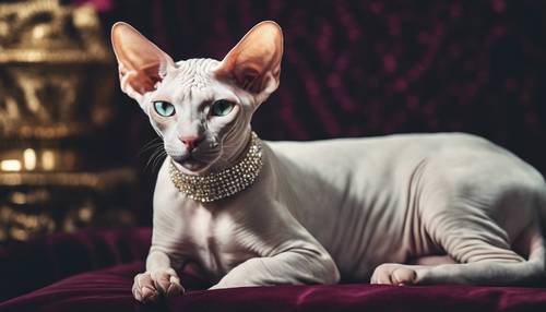 An elegant, white Sphynx cat in a jeweled collar sitting regally on a velvet cushion.