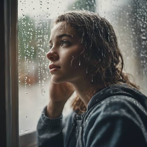 Une scène vintage d’une adolescente rêvassant tout en regardant par une fenêtre trempée par la pluie.