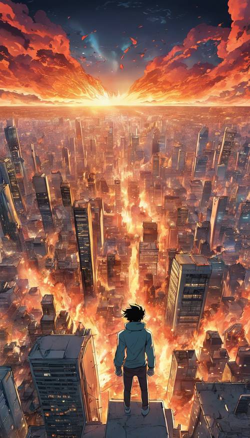 A beautifully illuminated anime city on fire, with a flying superhero in the forefront.