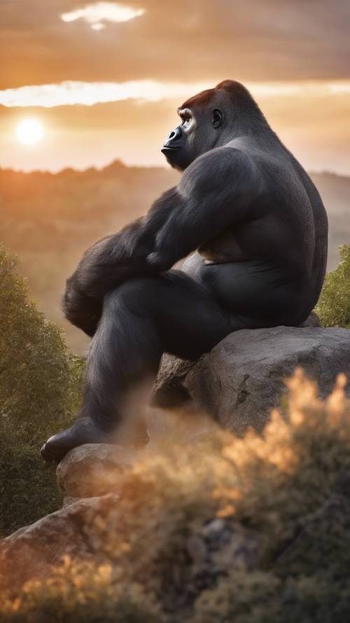 Gorila punggung perak alfa dengan anggun duduk di atas singkapan batu dengan latar belakang matahari terbenam yang indah.
