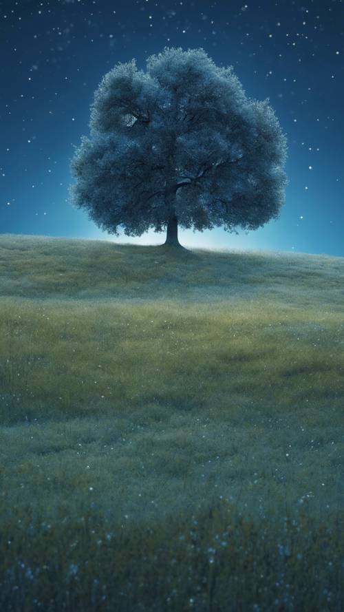 Un albero solitario al centro di un prato, avvolto da una morbida aura azzurra sotto la luce della luna.