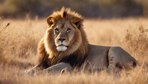 アフリカのサバンナで早朝の太陽を浴びる雄大なライオン　