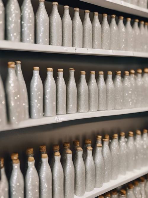 Varias botellas de purpurina blanca alineadas en el estante de una tienda de artesanía