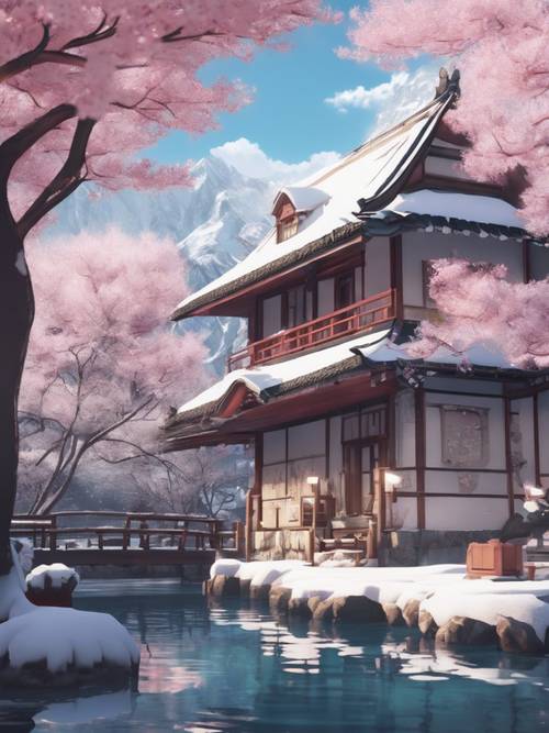 Imagen de estilo anime de una posada de aguas termales, adornada con decoraciones festivas con cerezos en flor cubiertos de nieve.