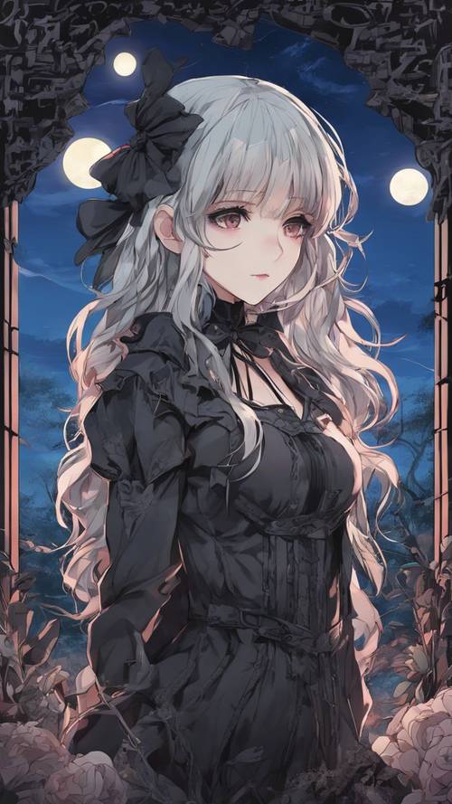 An anime-style portrait of a gothic girl under the full moonlight. Tapeta [14490debd715488fa780]