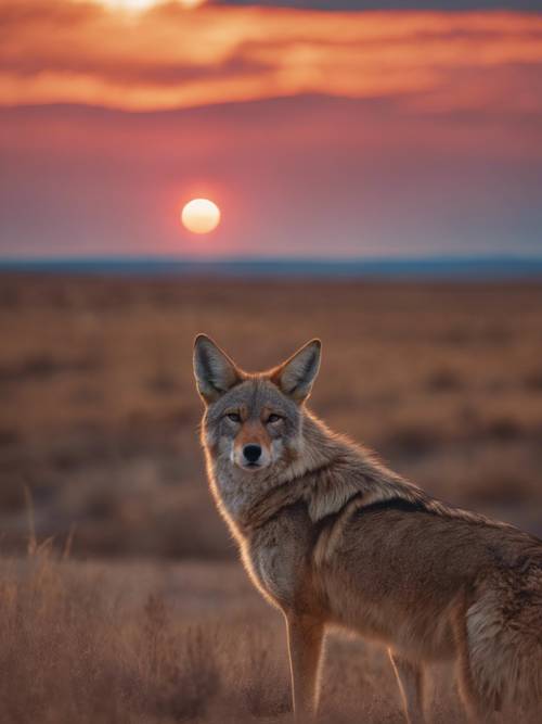 Samotny kojot wyjący na tle ognistego zachodu słońca na jałowej prerii.