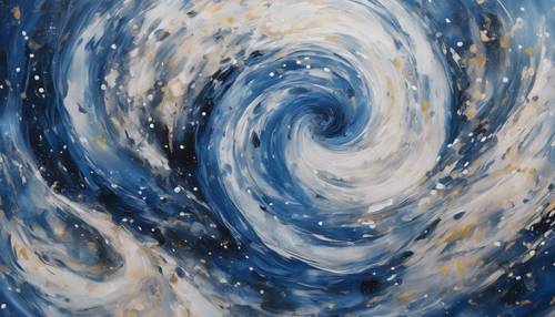 一幅抽象画，描绘了深蓝色和白色各异的旋转夜空。