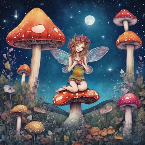 这是一幅手绘的、异想天开的彩色蘑菇仙女图画，她站在一只可爱的蘑菇上，背景是令人着迷的夜空。