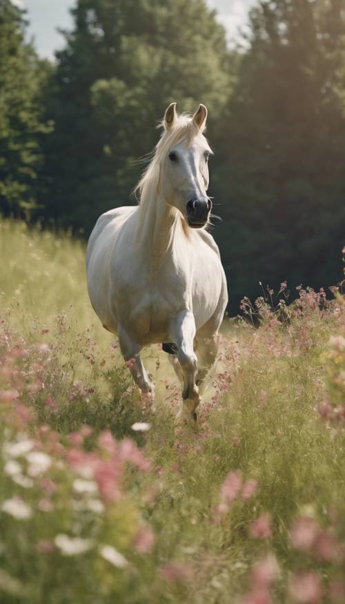An image of a preppy horse trotting in a grassy meadow with wildflowers during a bright summer day.