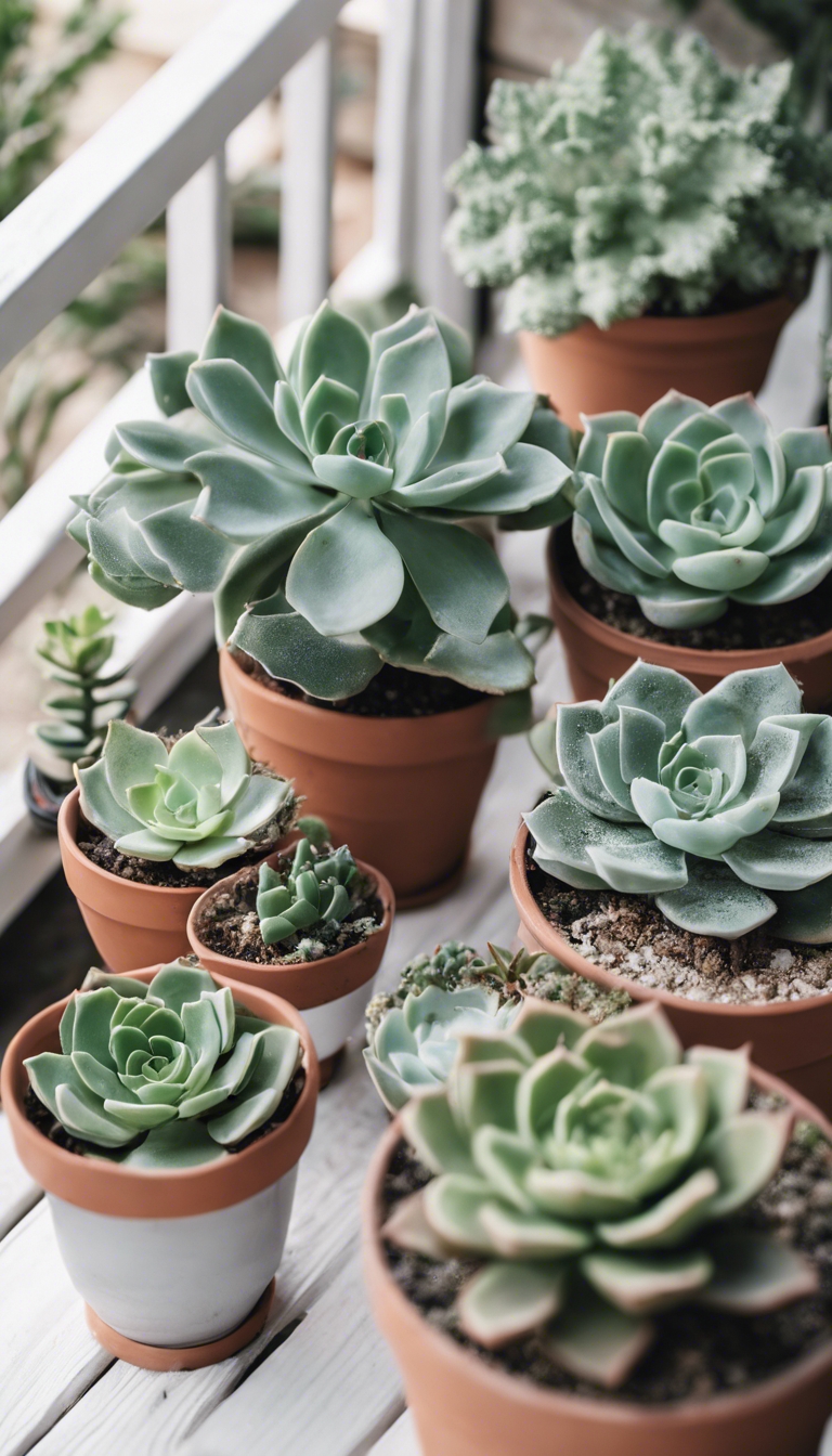 A set of calming sage green succulents arranged on a white porch Wallpaper[d725834e1d824a1a8836]