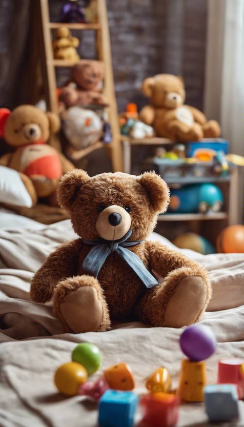 Um ursinho de pelúcia marrom vintage sentado na cama de uma criança cercado por outros brinquedos coloridos