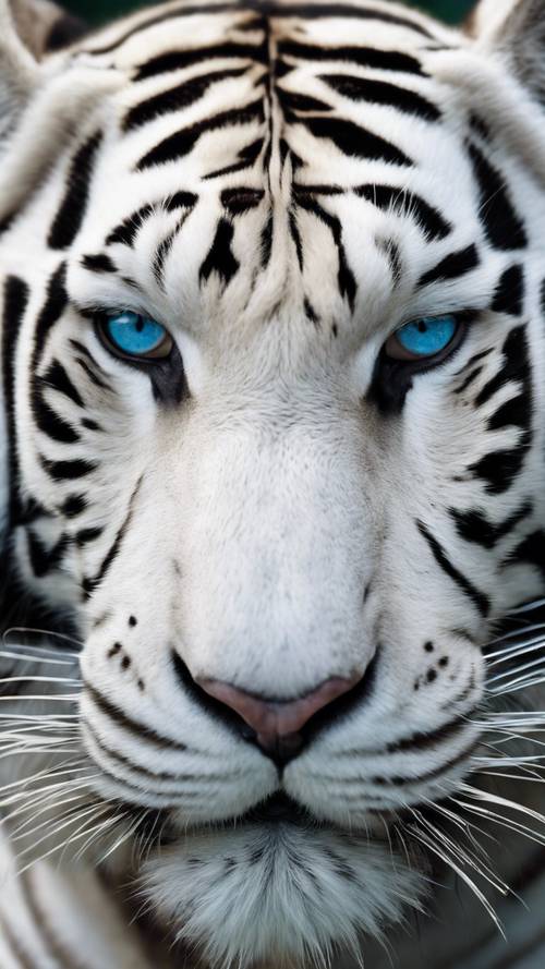 A close-up of a magnificent white tiger's face, focusing on its captivating azure eyes and the contrasting black stripes.