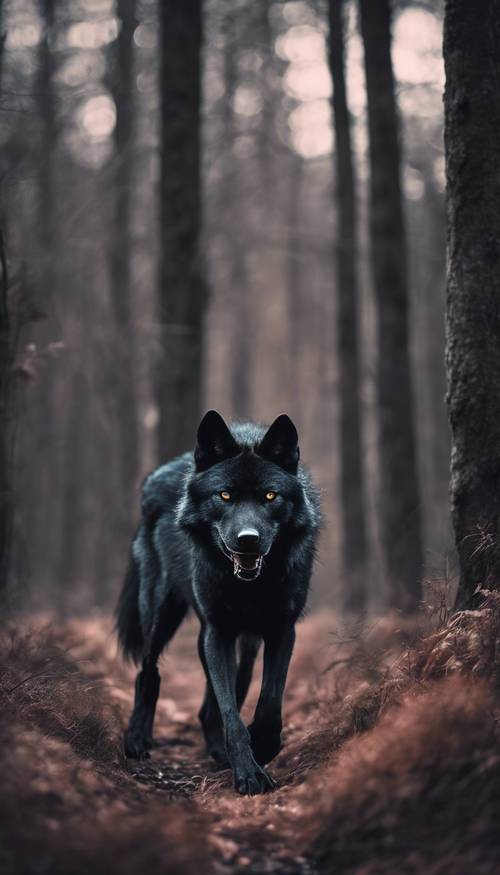 Un lupo nero al neon che si aggira in una foresta oscura a mezzanotte.