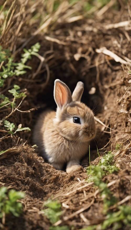 Maleńki królik o nakrapianym brązowym futrze, drzemiący wraz z rodzeństwem w trawiastej norze.