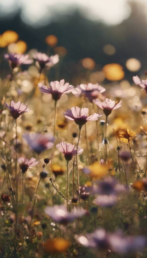 A sunlit meadow full of wild fall flowers in bloom, a gentle breeze stirring their petals