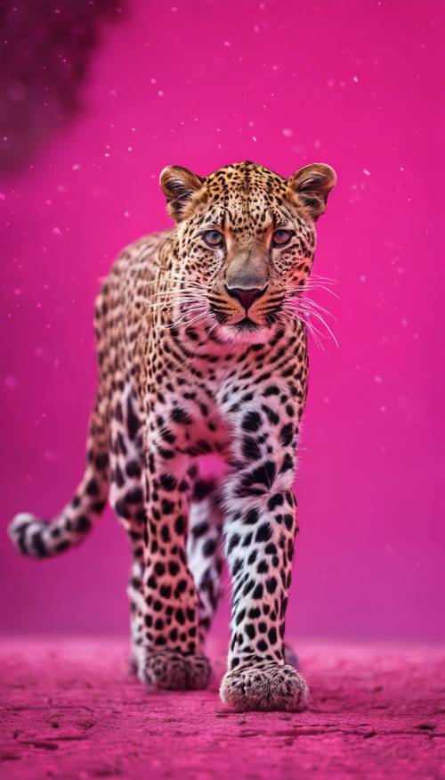 Um leopardo indescritível caminhando no meio de um fundo rosa choque brilhante com suas manchas acentuando o cenário vibrante.