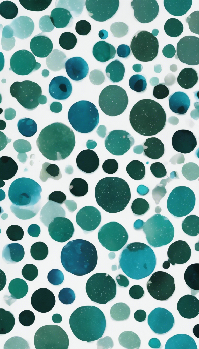A repeating pattern of variegated blue-green polka dots scattered randomly over a white canvas. Wallpaper[8e6079348d1a4708af12]