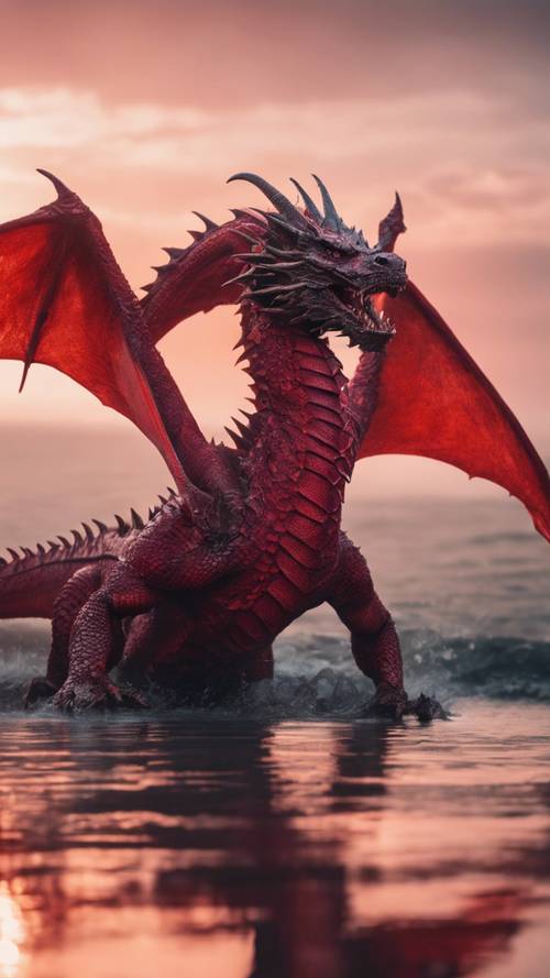 A crimson dragon emerging from the sea surrounded by mist with dawn light reflecting off its wet scales.