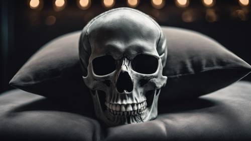 A theatrical gray skull on a velvet cushion in a dark, empty theater.