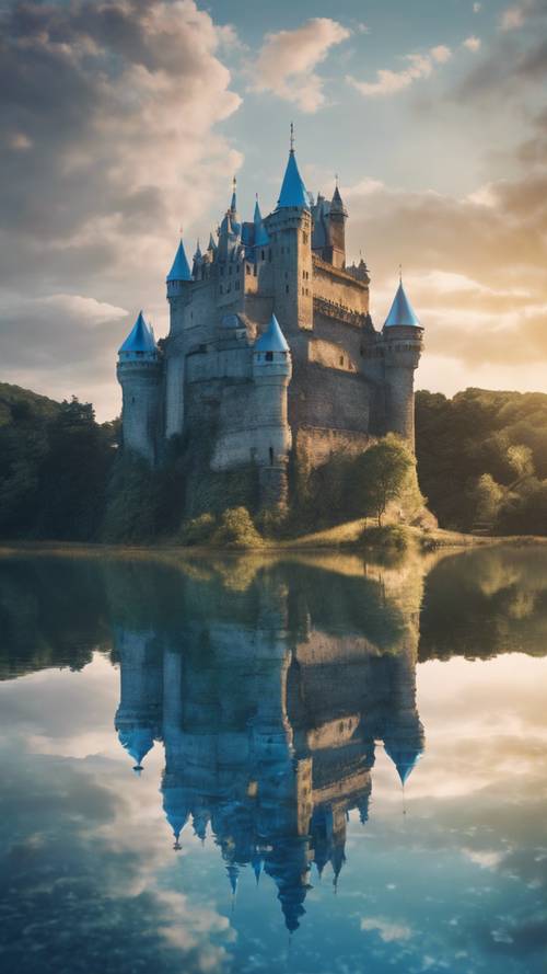 Un antiguo castillo bañado por un deslumbrante aura azul, que se refleja en un sereno lago debajo.