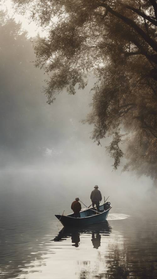 早朝の霧の中を船で航行する漁師の壁紙