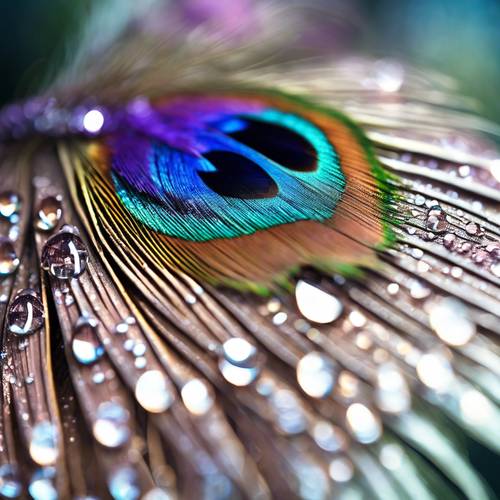 A close-up of a colorful peacock feather glistening with tiny droplets of water.