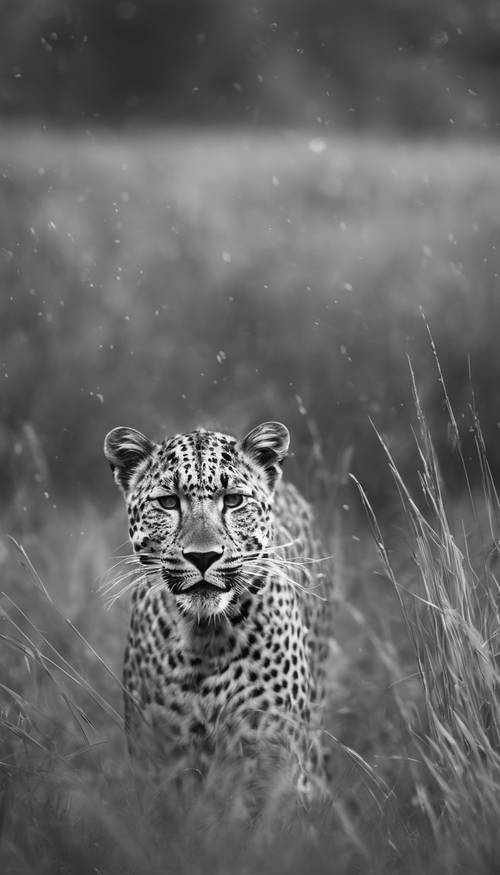 Черно-белое изображение величественного леопарда, бродящего по высокой траве в пасмурный день.
