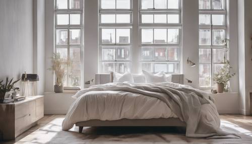 Geniş pencereleri, konforlu yatakları ve kısılabilir ışıkları olan şık, beyaz, modern bir yatak odası.