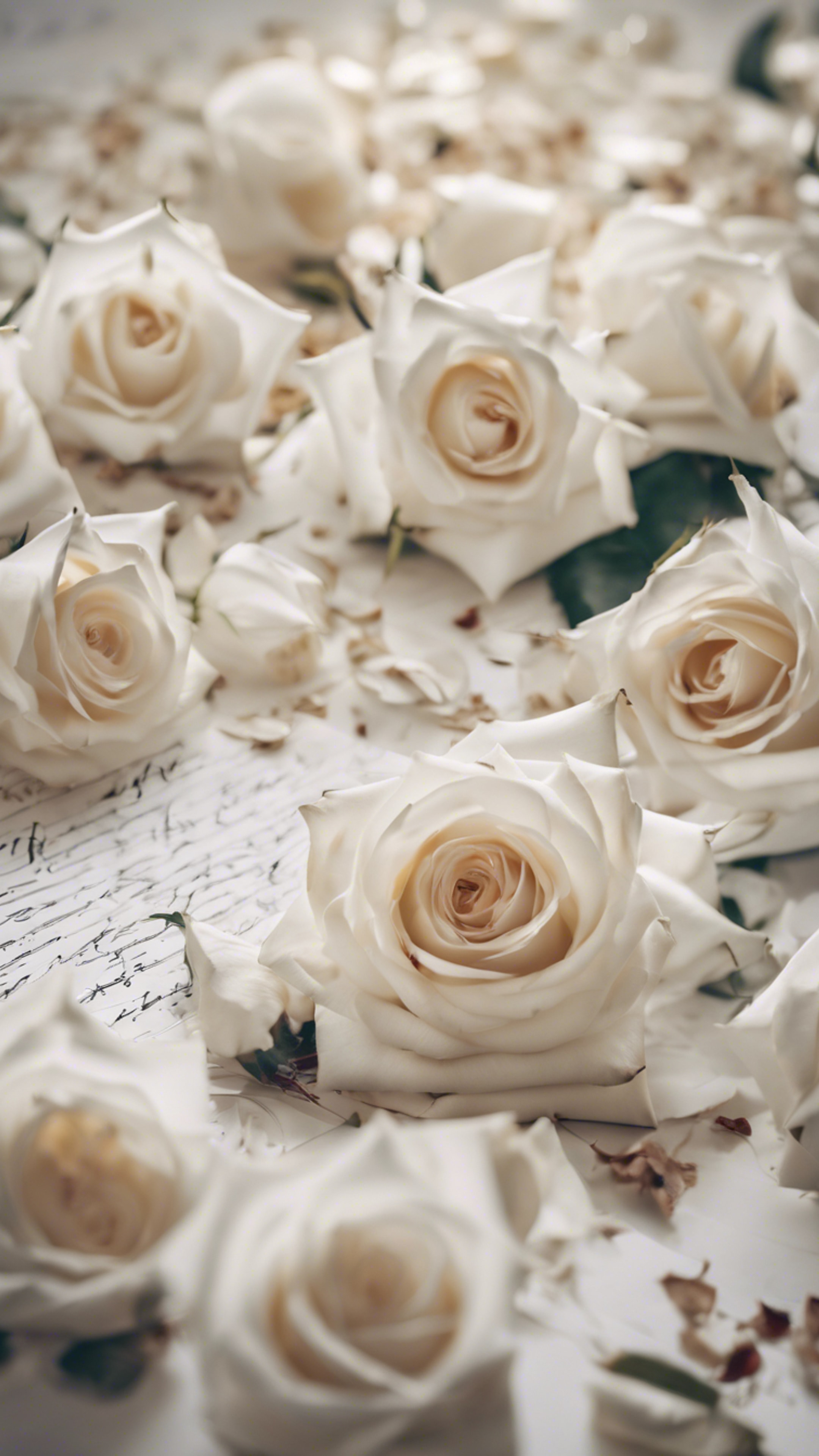 White roses scattered on a letter with handwritten expressions of love.壁紙[3a239fc97f7444f69f79]