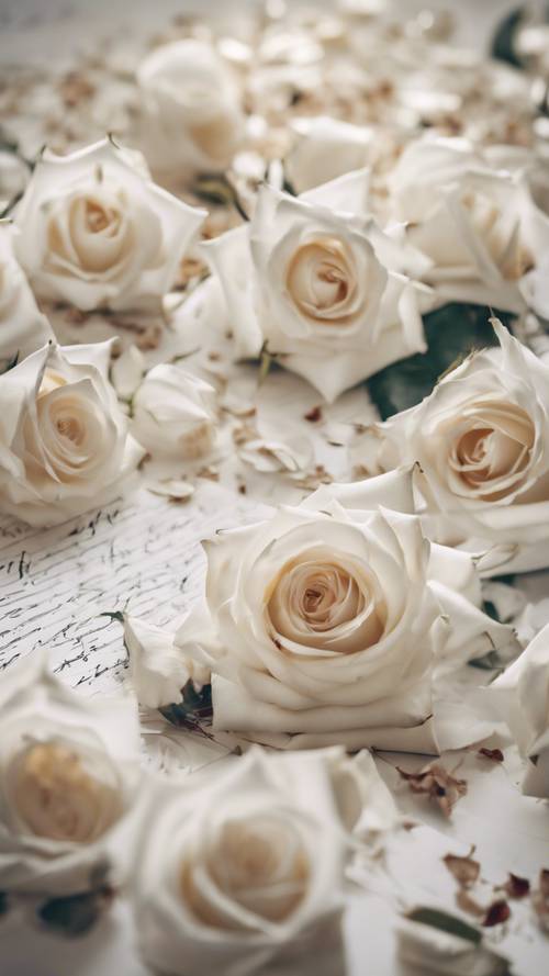 Roses blanches dispersées sur une lettre avec des expressions d&#39;amour manuscrites.
