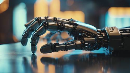 A robotic hand hacking a futuristic terminal