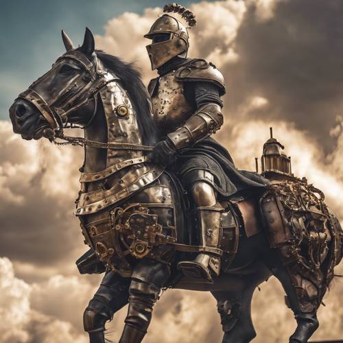 A steampunk armoured knight, riding a clockwork horse with clouds of steam ផ្ទាំង​រូបភាព [a2afaebf79a144a4a4a7]