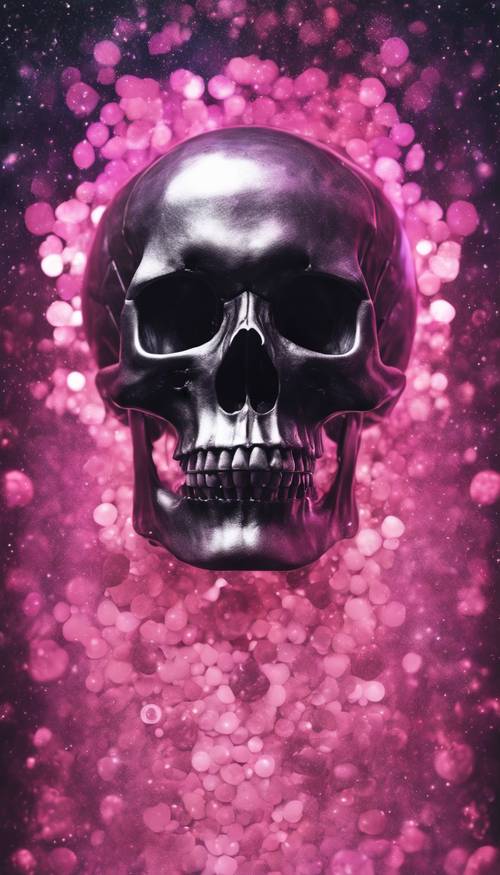 Галактическое изображение черепа выполнено на холсте розовых и черных оттенков.