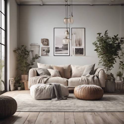 A trendy bohemian loft apartment, plush with linen throw pillows and muted decor.