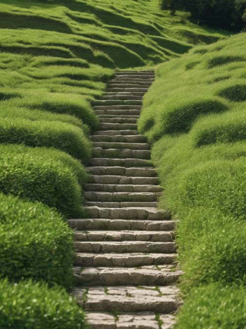 A nicely detailed shot of stone stairs leading up a hillside covered with green grass in the French country.