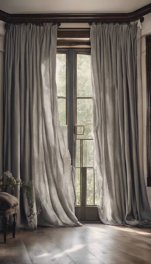 Tende di lino grigio sontuosamente strutturate che scorrono con grazia nella brezza pomeridiana da una finestra aperta in stile vittoriano.