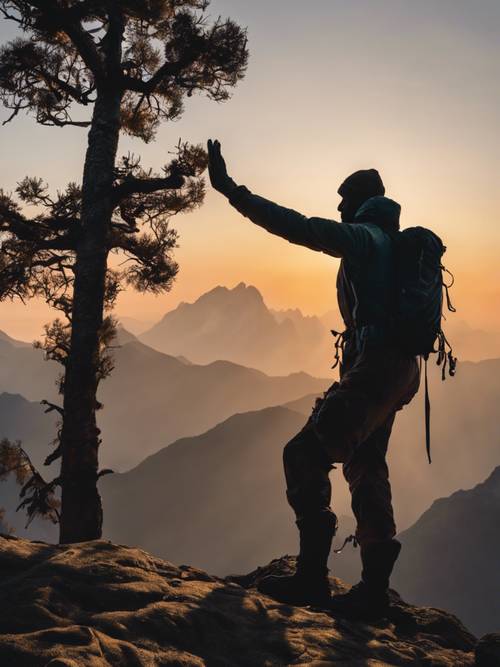 The silhouette of a mountaineer reaching the top of a high peak at sunrise.