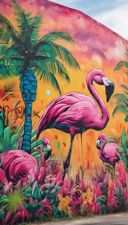涂鸦风格的热带壁画，色彩大胆，对火烈鸟和棕榈树进行了抽象的诠释。