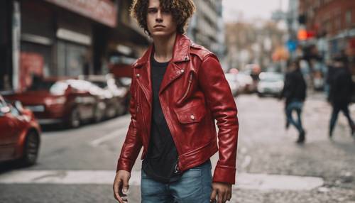 A cool red leather jacket being worn by a rebellious youth on a city street.