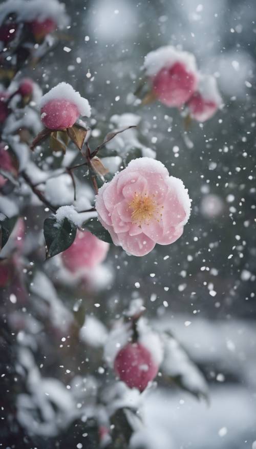 Adegan musim dingin dengan salju turun lembut di sekitar bunga kamelia yang kuat dan berbunga.