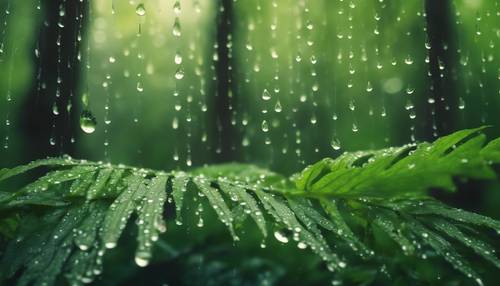 A mural with a very calming image of raindrops in a lush green forest. Wallpaper [7392b41963c94fdc91f5]