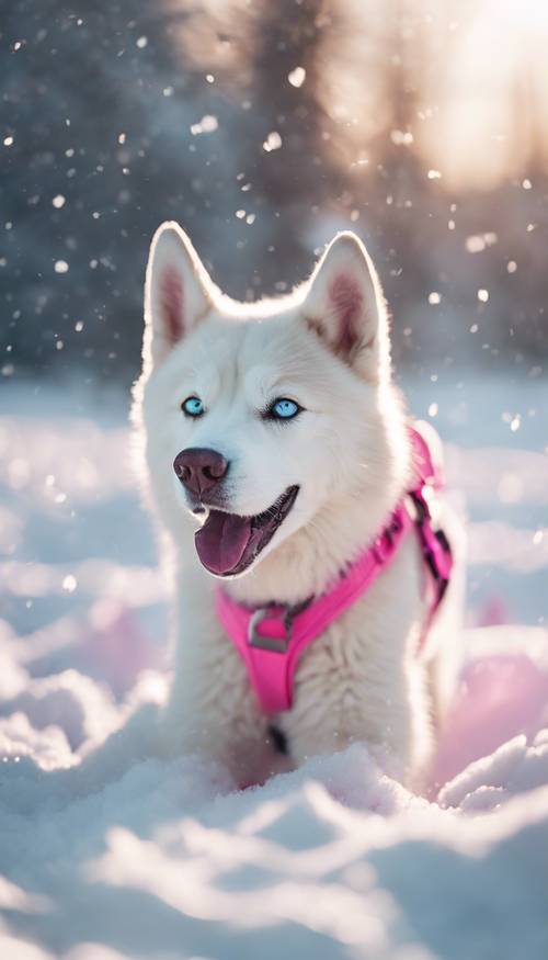 Seekor Siberian Husky berwarna merah muda neon bermain di salju putih halus.