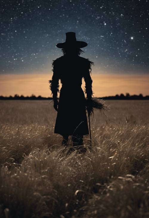 An eerie silhouette of a lone scarecrow standing amidst a black grass field under a starry sky. Tapet [5bf2d6baddb04d5fa916]