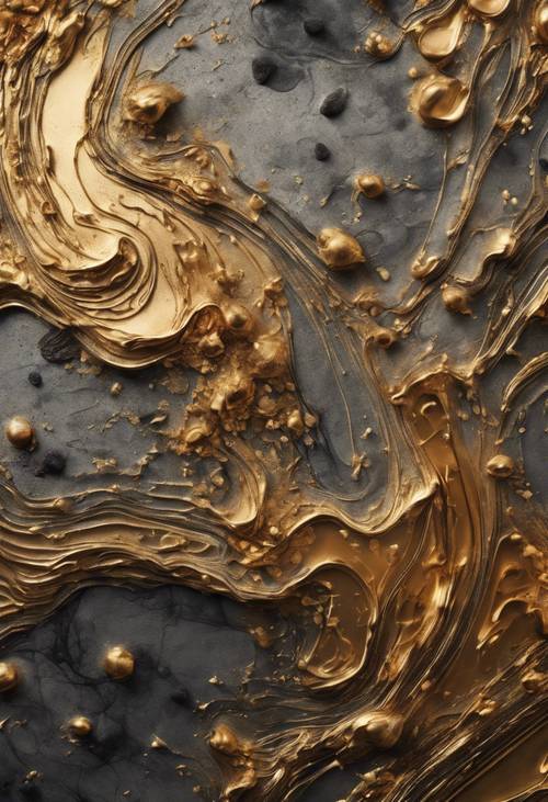 Sebuah karya seni abstrak yang menampilkan pusaran dan noda dengan tekstur emas dan tembaga yang bervariasi.