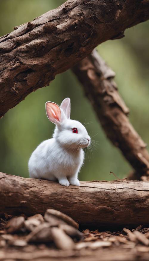 Một con thỏ trắng nhỏ với đôi mắt đỏ đang nhìn trộm từ một khúc gỗ rỗng màu nâu.