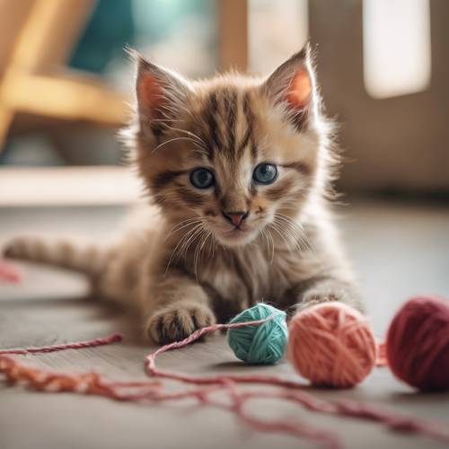 一隻好奇的小貓在玩毛線球。