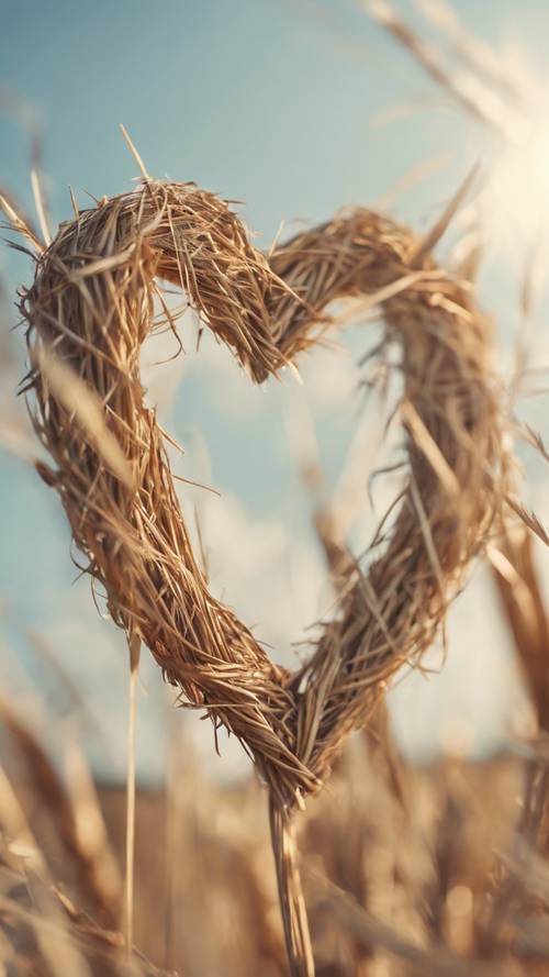 Hai thân rơm nâu đan xen vào nhau tạo thành hình trái tim trên nền trời mùa hè.